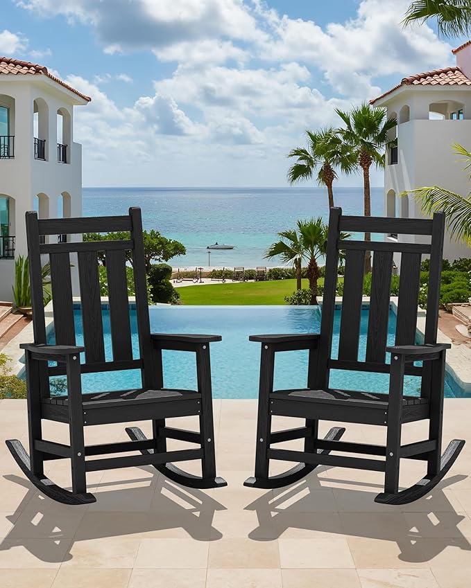 KINGYES Oversized Outdoor Rocking Chair Set of 2, All-Weather Patio Rocking Chairs for Porch, HDPE Outdoor Patio Rockers with High Back & Wide Seat for Garden, Lawn, Black - Image 2