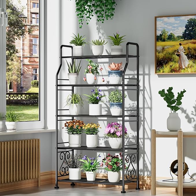 GIOTORENT Plant Stand Outdoor Indoor 5 Tier Metal Waterproof - 53.2" Plant Shelf for Patio, Balcony, Living Room, Large Capacity Tiered Plant Rack, Black - Image 3
