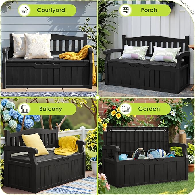 Greesum 80 Gallon Outdoor Storage Bench, Weather-Resistant Deck Box, Patio Furniture Bench for Backyard, Garden, Porch, Large Capacity Seat for Pillows Cushions Patio Accessories, Dark Black - Image 7