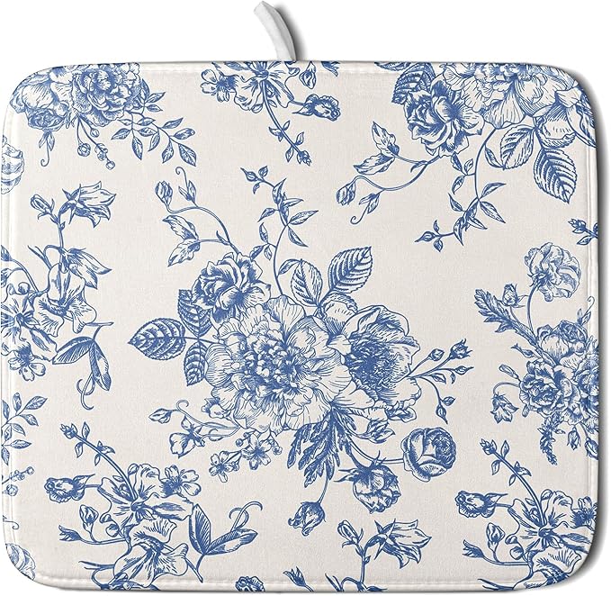 Vintage Blue Floral Dish Drying Mat by Kawani