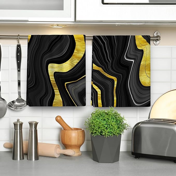Black Gold Kitchen Dish Towels Set of 4 Soft Absorbent Marble Texture Black - Image 5