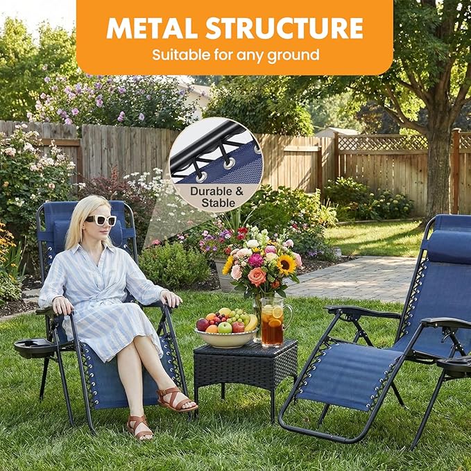 NEWBULIG Zero Gravity Chair Set of 2, Lounge Chair Folding Portable Adjustable Camping Reclining Chairs with Adjustable Pollow, Mesh Back, Cup Holder Trays Lawn Patio Chair for Pool Beach - Blue - Image 7