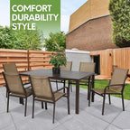 7 Piece Patio Dining Set for 6, 6 Stackable Textilene Chairs and 1 Dining Table Outdoor Furniture Set, Brown - Image 3