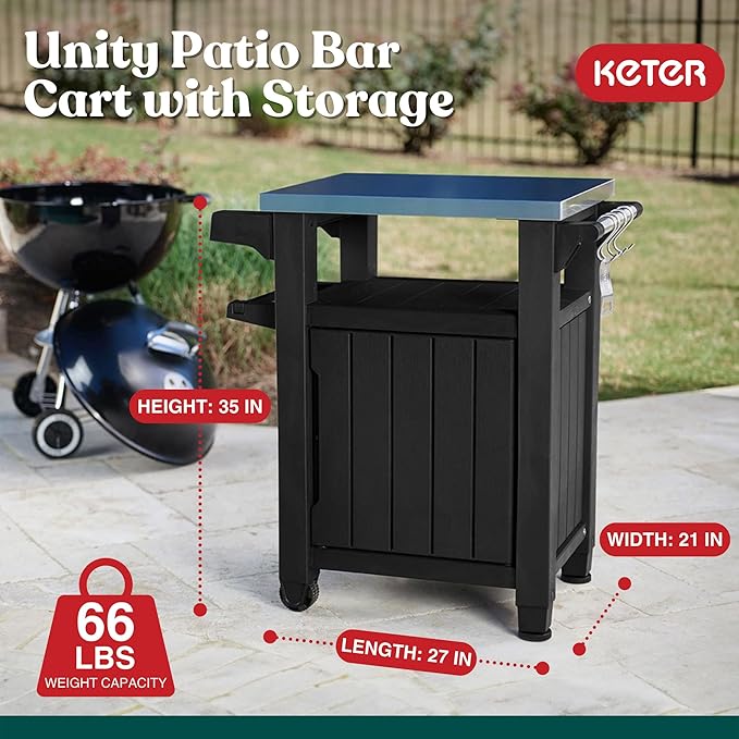 Keter Unity Small 40 Gallon Grill Prep Table and Storage Cart, Grey – BBQ Station with Wheels and Stainless Steel Top, Portable Serving Stand for Patio, Deck, and Backyard - Image 2