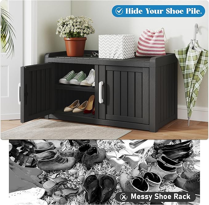 2-Tier Storage Bench, Waterproof UV-Resistant Outdoor Shoe Storage Cabinet with 2 Doors & Adjustable Shelves for Indoor Outdoor Entryway, Hallway, Living Room (Black) - Image 7