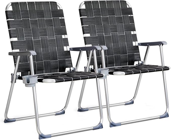 VINGLI Aluminum Oversize Patio Lawn Chairs Folding Set of 2 with Detachable Cup Holder, Webbed Beach Chair Folding Chair Outdoor Portable Camping Chair for Yard, Garden by VINGLI