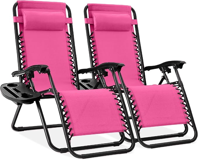 Best Choice Products Set of 2 Adjustable Steel Mesh Zero Gravity Lounge Chair Recliners w/Pillows and Cup Holder Trays - Hot Pink/Black by BestChoiceProducts
