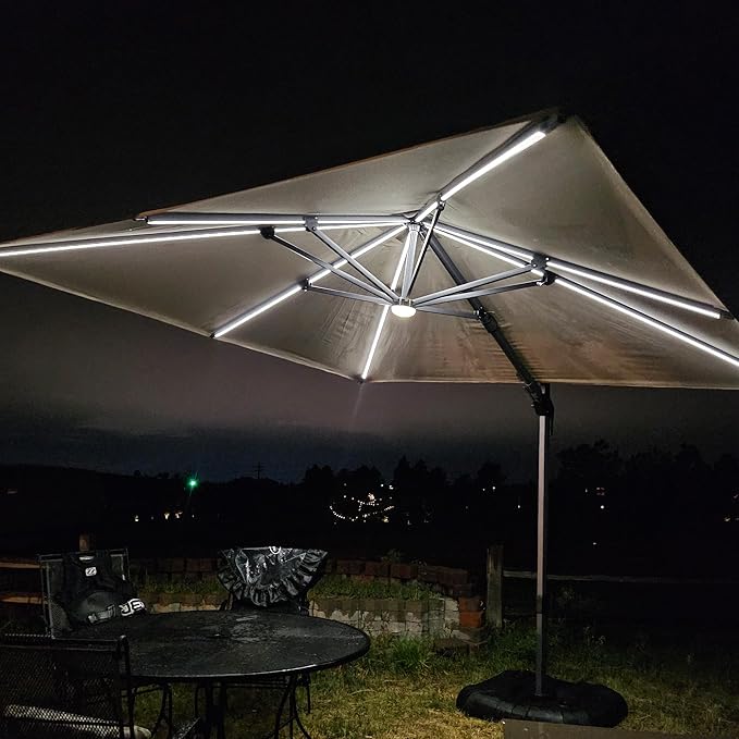 PURPLE LEAF 10 Feet Patio Umbrella with Base Outdoor Cantilever Solar Powered LED Swivel Square Umbrella Aluminum Offset Umbrella with 360-degree Rotation for Garden Deck Pool Patio, Beige by PURPLELEAF
