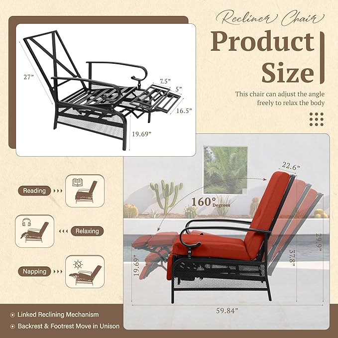 Oakcloud Adjustable Outdoor Lounge Chair Metal Patio Relaxing Recliner Chair with Removable Cushions(Red) - Image 3