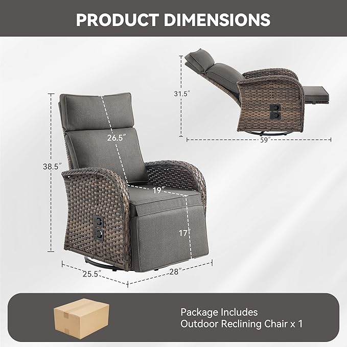 Zero Gravity Patio Swivel Rocking Recliner Chair - Wicker Outdoor Lounge Chair with Adjustable Backrest & Footrest, All Weather Reclining Rocker Chairs with Thick Cushion for Pool Deck Gray - Image 2