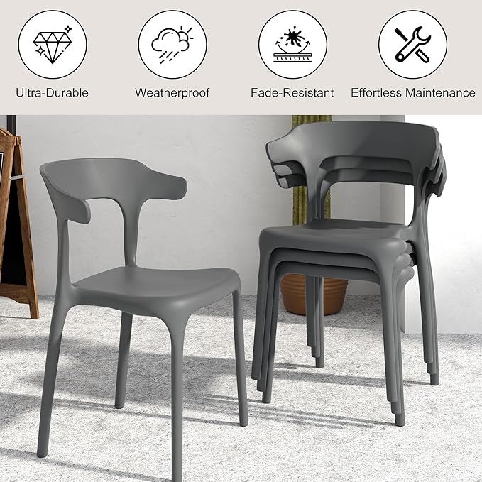VECELO 4 Pack Plastic Stacking Chairs, Stackable Dining Chairs for Kitchen Restaurant Patio, Portable Indoor Outdoor Use, No Assembly Required, Gray - Image 5