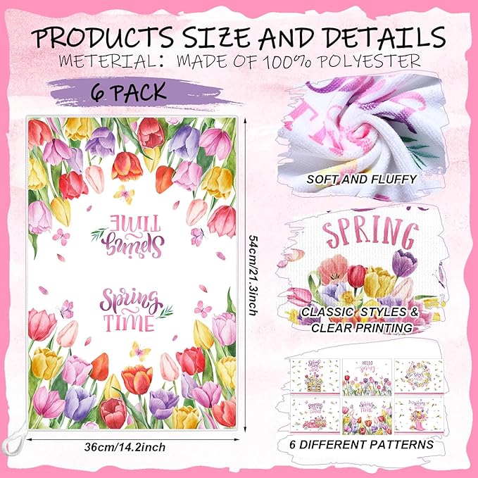 Breling Set of 6 Spring Kitchen Towels Tulip Dish Towel Flower Bathroom - Image 2