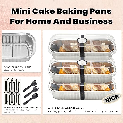 50 PACK Mini Cake Pans with Lids and Spoons, Rectangular Aluminum Foil Bread Pan - Image 5