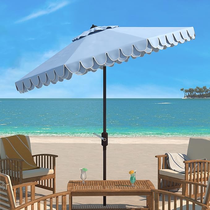 SAFAVIEH 9ft Outdoor Patio Umbrella, Round, Valance, Baby Blue & White Trim, Auto Crank Tilt, UV Resistant for Deck, Backyard, Poolside (PAT8006U) - Image 6