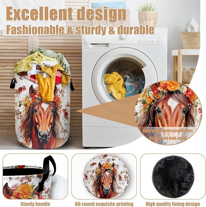 Watercolor Horse Laundry Basket, Foldable Waterproof Animals Floral Laundry - Image 4