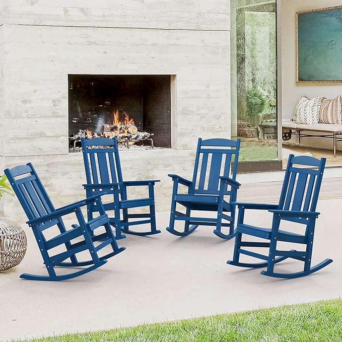 LUE BONA Outdoor Rocking Chairs Set of 4, Weather Resistant HDPS Poly Rocker Chairs, 350lb Heavy Duty, Oversized Porch Rocker for Adult, High Back Smooth Rocking for Outdoor & Indoor, Blue by LUEBONA