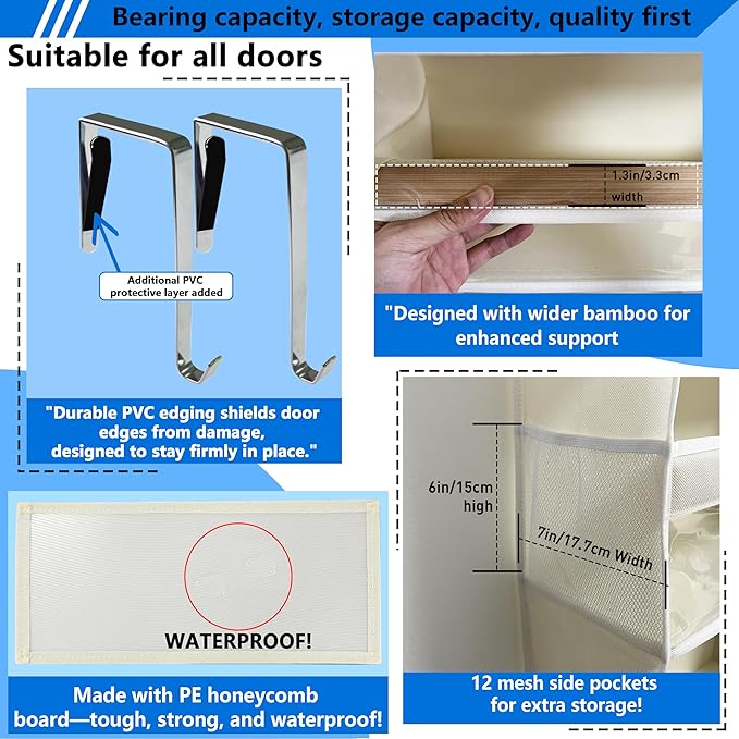 over the door organizer, Solid Bamboo Board 6-Tier Heavy Duty 75LB, 12 Side - Image 4