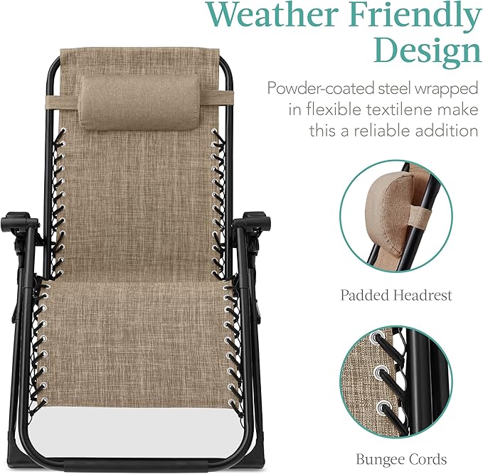 Best Choice Products Oversized Zero Gravity Chair, Folding Outdoor Patio Recliner, XL Anti Gravity Lounger w/Removable Cushion, Cup Holder, Side Tray, 350lb Capacity - Wheat - Image 5
