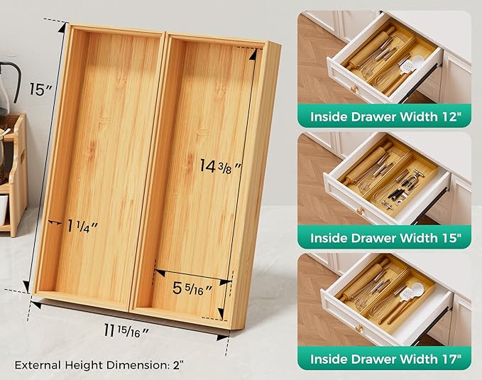 Bamboo Kitchen Drawer Organizer Boxes – 15" x 6" Stackable Wood Silverware - Image 3