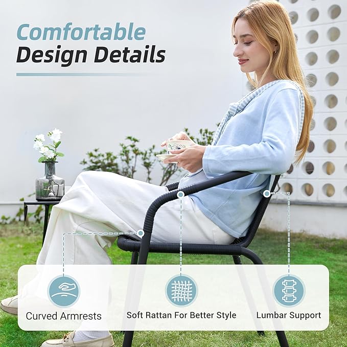 Amopatio Outdoor Dining Chairs Set of 4, Stackable Patio Chairs, Rattan Wicker Patio Chairs Set of 4, Bistro, Garden, Yard, Porch, Black - Image 4