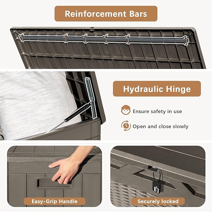 Devoko 97 Gallon Deck Box, Waterproof Resin Outdoor Storage Box for Outside and Patio, Large Outdoor Storage Bench Cabinet Lockable for Patio Furniture, Garden Tools and Pool Supplies (Brown) - Image 5