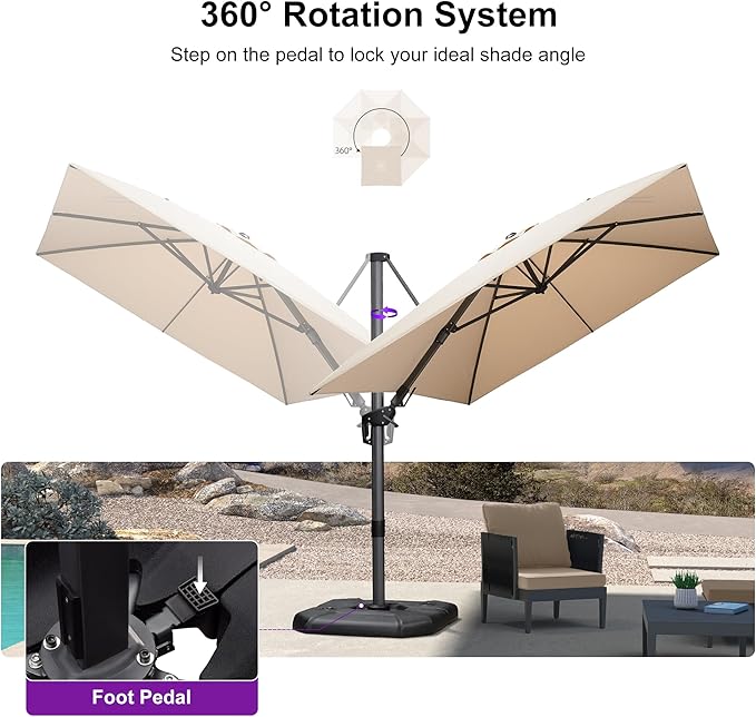 PURPLE LEAF 8.2' X 11.5' Tilting Patio Umbrella with Base Outdoor Cantilever Swivel Rectangle Umbrella Aluminum Offset Umbrella with 360-degree Rotation for Garden Deck Pool Patio Beige - Image 7