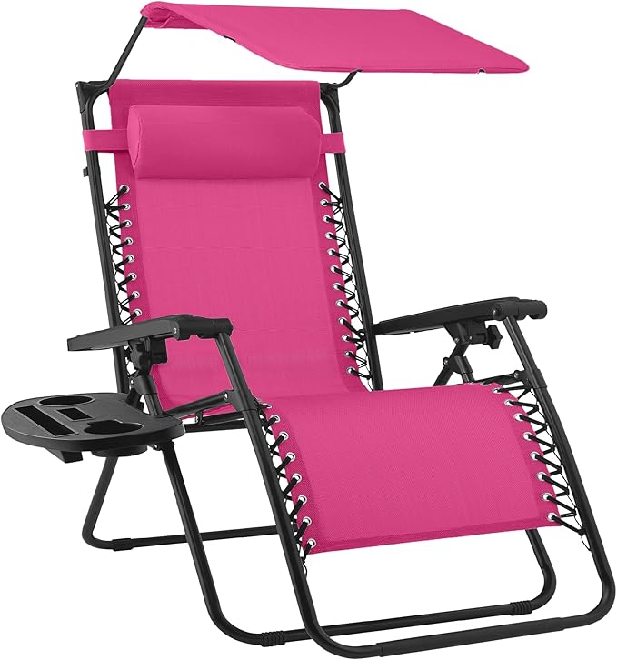 Best Choice Products Folding Zero Gravity Outdoor Recliner Patio Lounge Chair w/Adjustable Canopy Shade, Headrest, Side Accessory Tray, Textilene Mesh - Hot Pink/Black by BestChoiceProducts