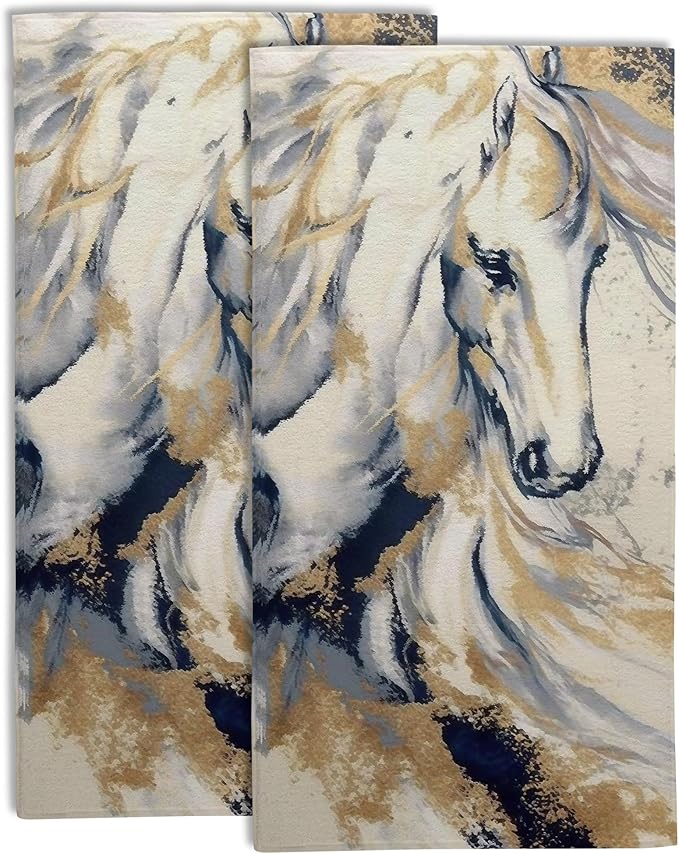 Golden Horse Oil Painting Kitchen Hand Towel Set of 2, Abstract Art Painting by Gnhkmw