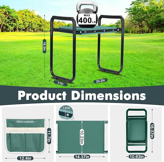 FEED GARDEN Garden Kneeler and Seat, Upgraded Foldable Gardening Stool with 10.23" Wide Kneeling Pad, Heavy Duty Gardening Bench Chair with 2 Tool Pouches, Gardening Gifts for Seniors Mom Women Men - Image 2
