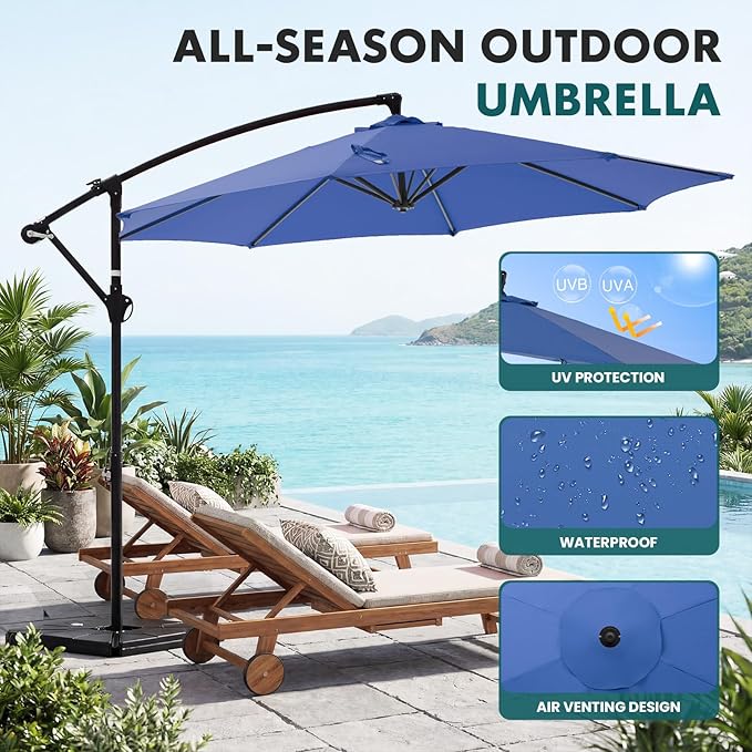 OLIXIS 9.7FT Offset Patio Umbrella with Base, Cantilever Table Umbrellas for Outdoor Sun Shade UV Protection with Easy Tilt Adjustment, 8 Ribs for Backyard, Lawn, Garden, Pool - Blue - Image 2
