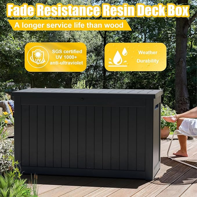 DRATO 280 Gallon Deck Box, Outdoor Large Waterproof Resin Storage Box with Lockable Lid for Patio Cushions, Gardening Tools（Black，280 Gallon） - Image 3