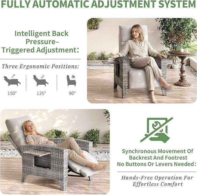 IDEALHOUSE Wicker Outdoor Recliner Reclining Patio Chairs with Adjustable Back & Footrest 150° Lay-Flat Reclining with Air Pump Rattan Flip-Up Side Table Outdoor Lounge Chairs for Pool Deck Balcony - Image 6