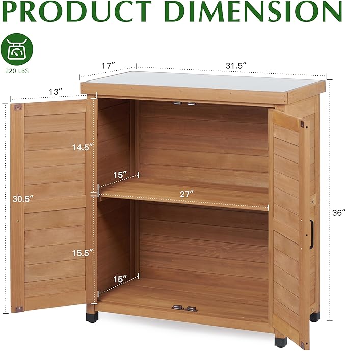 Outdoor Storage Cabinet & Potting Bench Table with Metal Top, Wooden Patio Furniture, Garden Workstation (Light Brwon, 36x31x17in) - Image 3