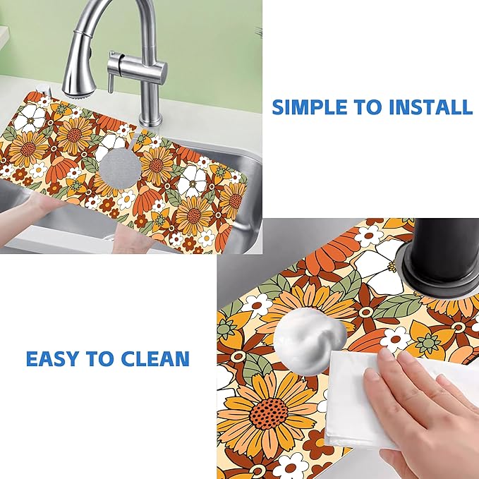 70s Retro Orange Floral Kitchen Sink Splash Guard Mat Absorbent Fast Drying Mat - Image 5