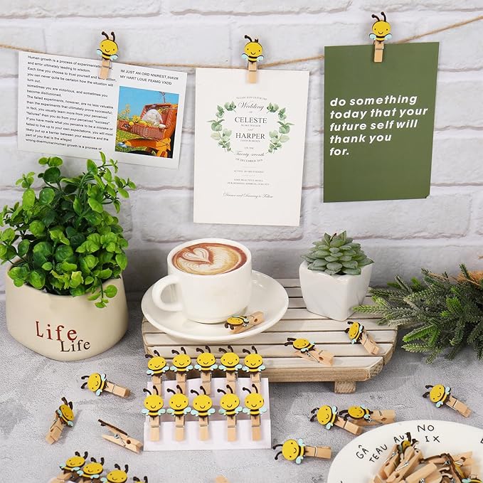 50Pcs Bee Wooden Clip with Jute Twine Cute Clothespin Craft Clip Decorative - Image 4