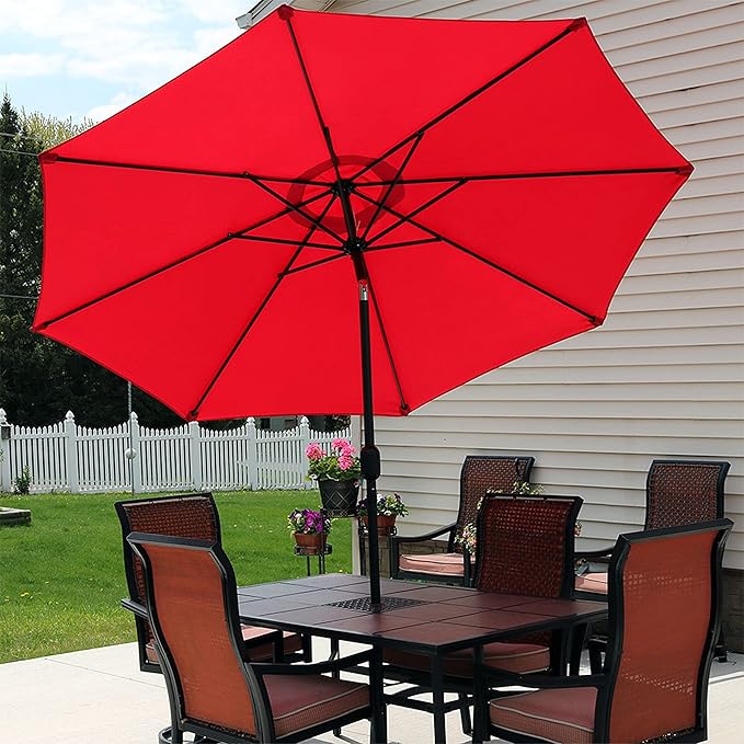 Sunnydaze Outdoor Patio Umbrella - Polyester Table Market Umbrella with Push-Button Tilt and Crank - 8 Sturdy Ribs - Red - 9ft - Image 7