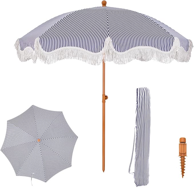 PHI VILLA 7ft Beach Umbrella with Fringe & Sand Anchor, Outdoor Patio Heavy Duty Windproof Portable Tassel Umbrellas for Sand with Push Button Tilt & Carrying Bag, UPF 50+, Stripe Blue & White by PHIVILLAThepioneerofcomfortablehouseholdsupplies