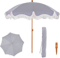 PHI VILLA 7ft Beach Umbrella with Fringe & Sand Anchor, Outdoor Patio Heavy Duty Windproof Portable Tassel Umbrellas for Sand with Push Button Tilt & Carrying Bag, UPF 50+, Stripe Blue & White by PHIVILLAThepioneerofcomfortablehouseholdsupplies