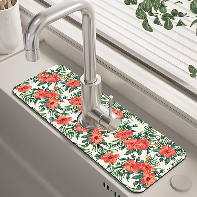 Tropical Leaves and Red Floral Kitchen Sink Splash Guard Mat Absorbent Fast by Unknown