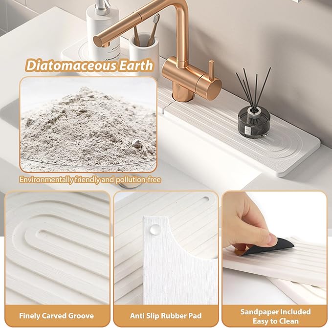 Kitchen Sink Faucet Mat, Diatomaceous Earth Quick Dry Sink Splashback Drying Mat - Image 2