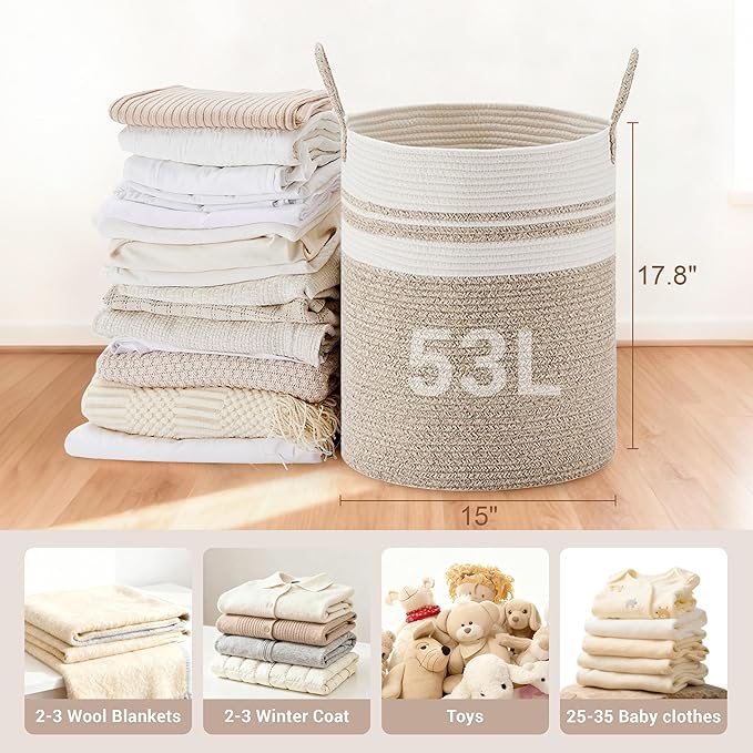 Tall Laundry Basket with Handles, 53L Portable Dirty Clothes Hamper, Boho - Image 2