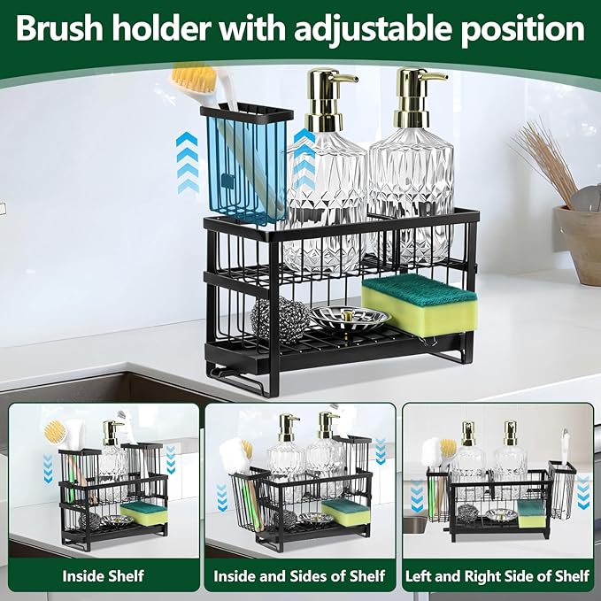 Sponge Holder for Kitchen Sink Organizer Caddy, 2 Tier Dish Brush Scrubber - Image 4