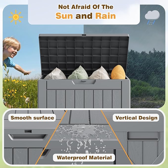 Flamaker Resin Deck Box 40 Gallon Waterproof Outdoor Indoor Storage Box Imitation Wood Resin for Patio Furniture Garden Tools and Pool (Gray) - Image 6