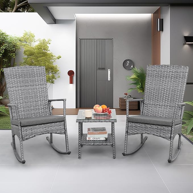 Outdoor Rocking Chair 3 Pieces High-Backed Rocking Chair Patio Rocking Chairs Outdoor Table and Chairs Anti-Slip Cushions Dark Grey - Image 3
