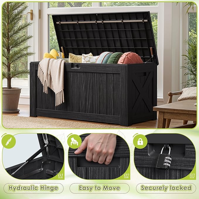 Devoko 125 Gallon Outdoor Storage Box, Waterproof Resin Deck Box for Patio Furniture, Lockable Container for Garden Cushions & Pool Supplies (Black, 125 Gallon) - Image 3