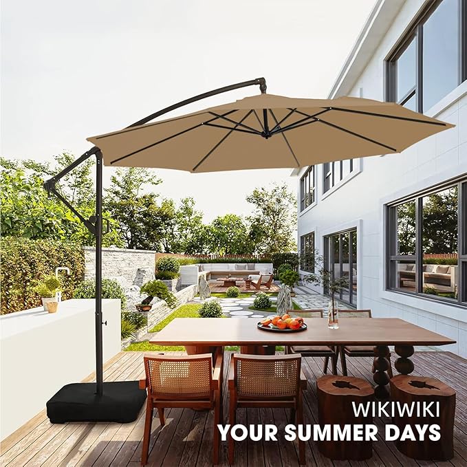 wikiwiki 10ft Patio Umbrella with Base Included, Outdoor Offset Cantilever Umbrella with Sandbag Base for Backyard, Garden and Pool, Easy to Tilt and Crank, Tan - Image 8