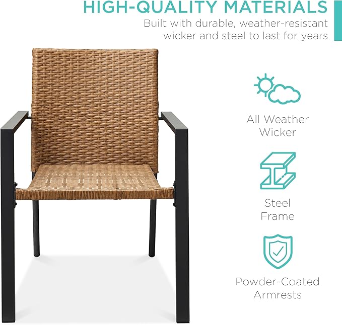 Best Choice Products Set of 2 Stackable Outdoor Wicker Dining Chairs All-Weather Firepit Armchair w/Armrests, Steel Frame for Patio, Deck, Garden, Yard - Natural - Image 3
