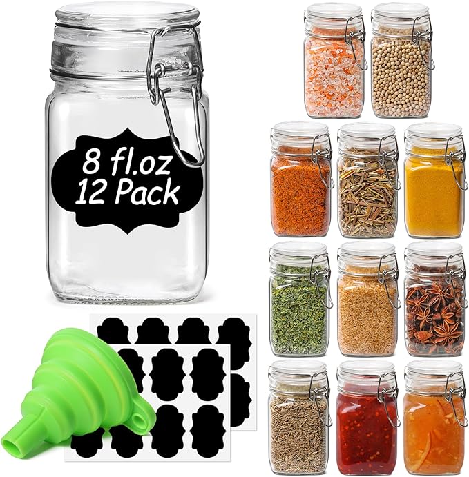 ComSaf Small Glass Jars with Airtight Lid Set of 12, Spice Jars 8 oz, Mason Jar by ComSaf
