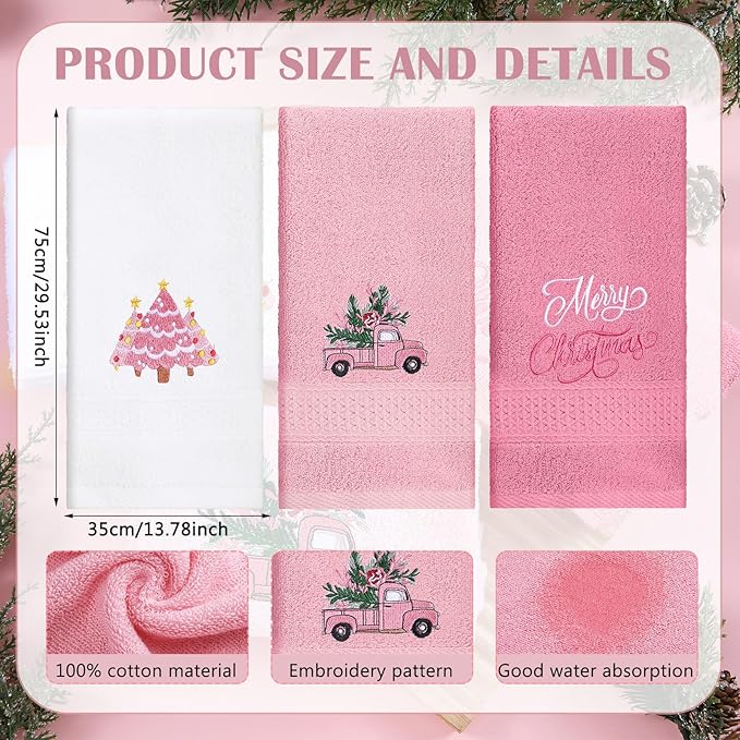 3 Pcs Pink Christmas Hand Towels - Image 3