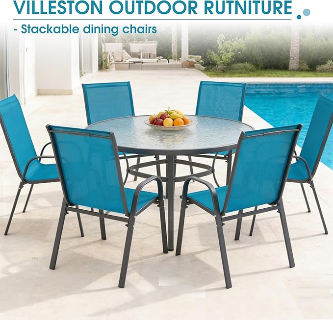 Outdoor Stackable Chairs Set of 6, Stacking Patio Chairs with Textilene Fabric, Outside Furniture for Garden Backyard Balconie Poolside Deck, Blue - Image 7